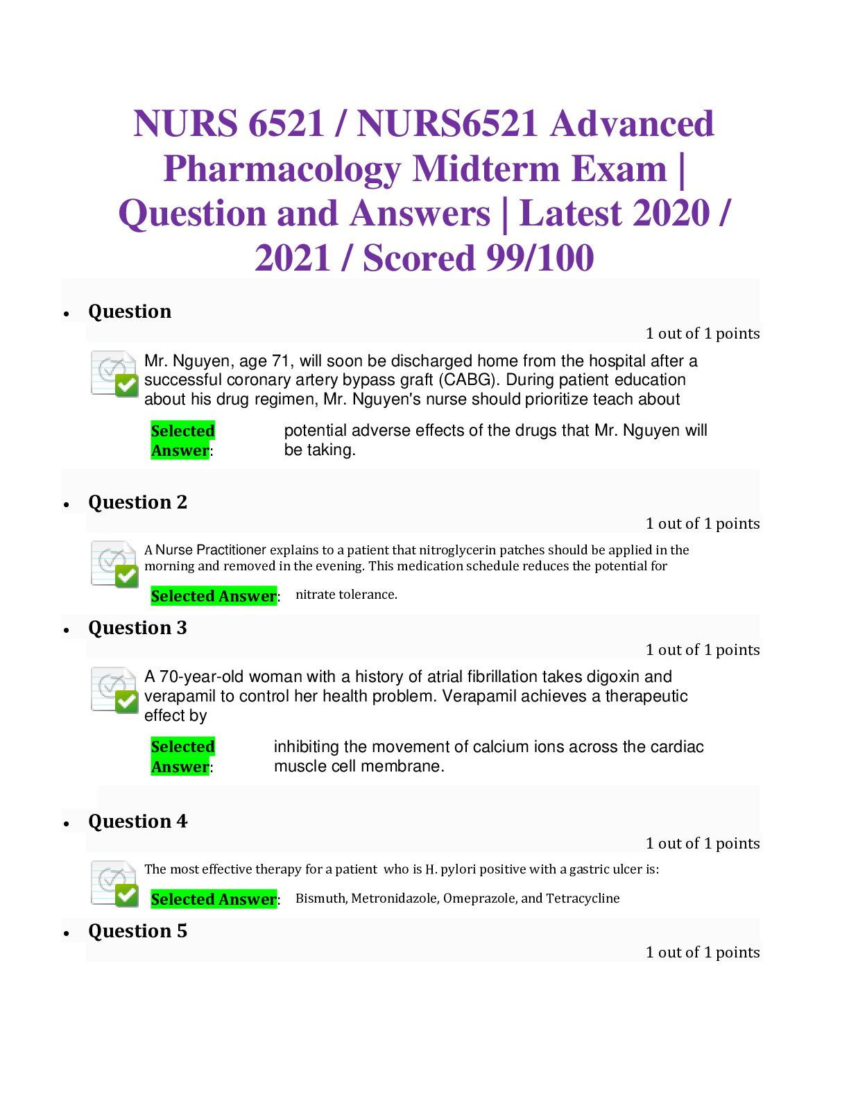 Preview of NURS 6521 / NURS6521 Advanced Pharmacology Midterm Exam | Question and Answers | Latest 20